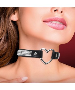 Collar con Corazón y Pedrería Estilo Choker Cuero Vegano Talla Única
