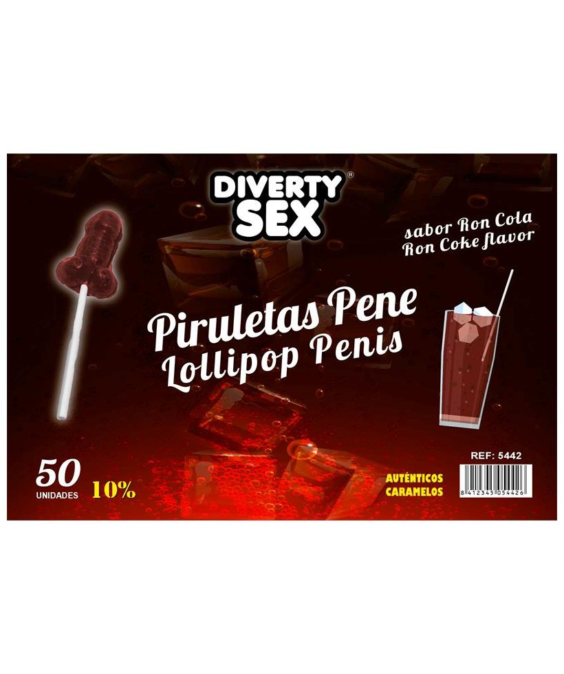 50 Piruletas Forma Pene Sabor Ron Cola 10 Alcohol