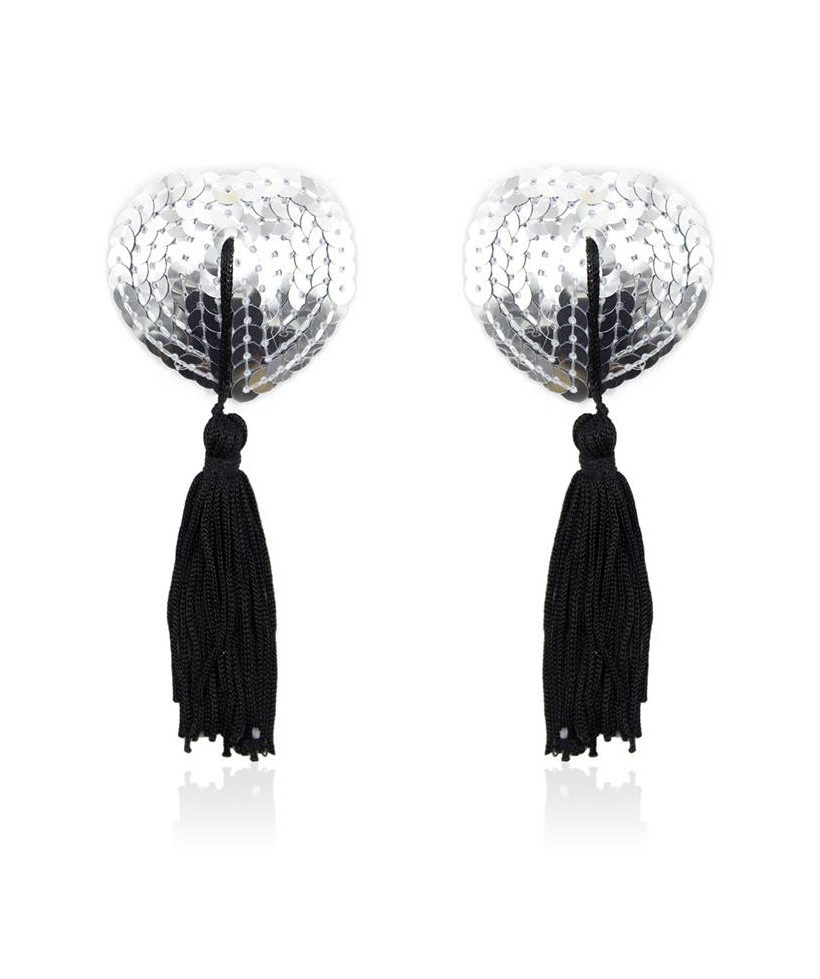 Pezoneras Autoadhesivas Forma de Corazon con Lentejuelas Negro Plata