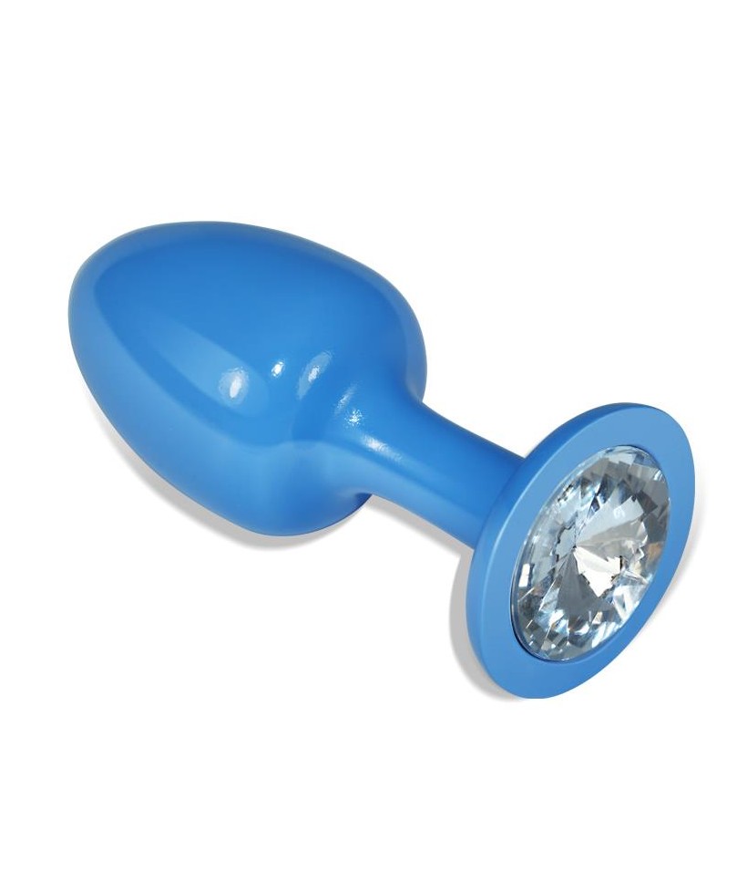 Plug Anal de Metal Azul Rosebud con Joya Transparente