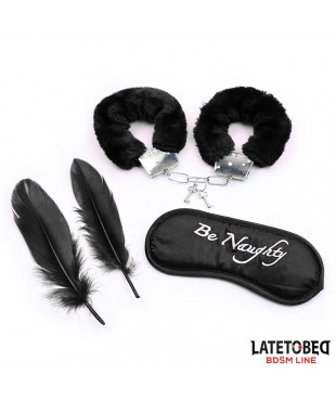 Set de 3 Piezas Antifaz, Esposas y Plumas Negro