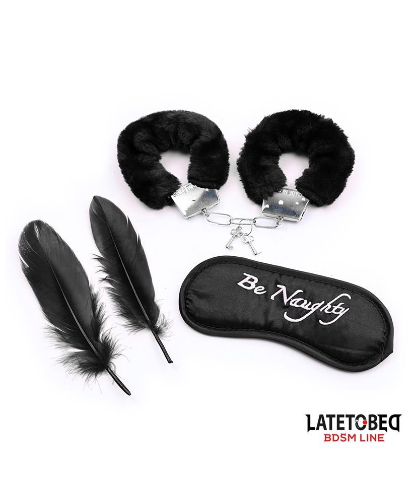 Set de 3 Piezas Antifaz Esposas y Plumas Negro