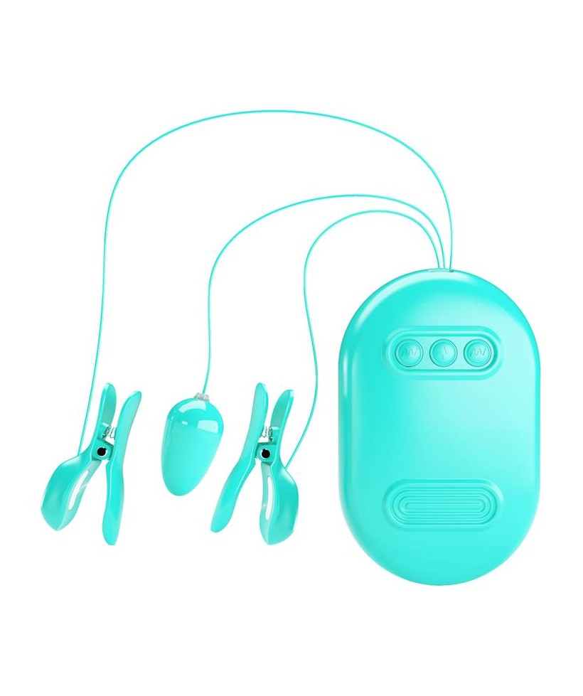 Surprise Box Huevo Vibrador y Pinzas para Pezones con Electro Estimulacion Azul